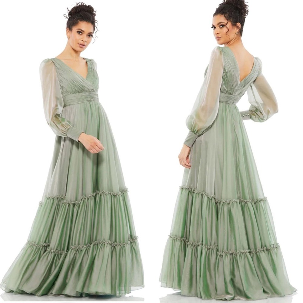 NET MAC DUGGAL FAUX WRAP LONG SLEEVE TIERED GOWN SIZE 6